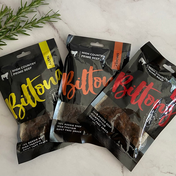 Koorinook Biltong is made from Victorian High Country beef, family farmed and made with natural ingredients and minimal processing. Bursting with flavour, naturally gluten free, and high in vitamins - you'll love this high protein snack. Avaliable in three flavours, Pepper, Tasty and Smokey. 